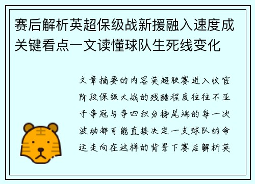赛后解析英超保级战新援融入速度成关键看点一文读懂球队生死线变化